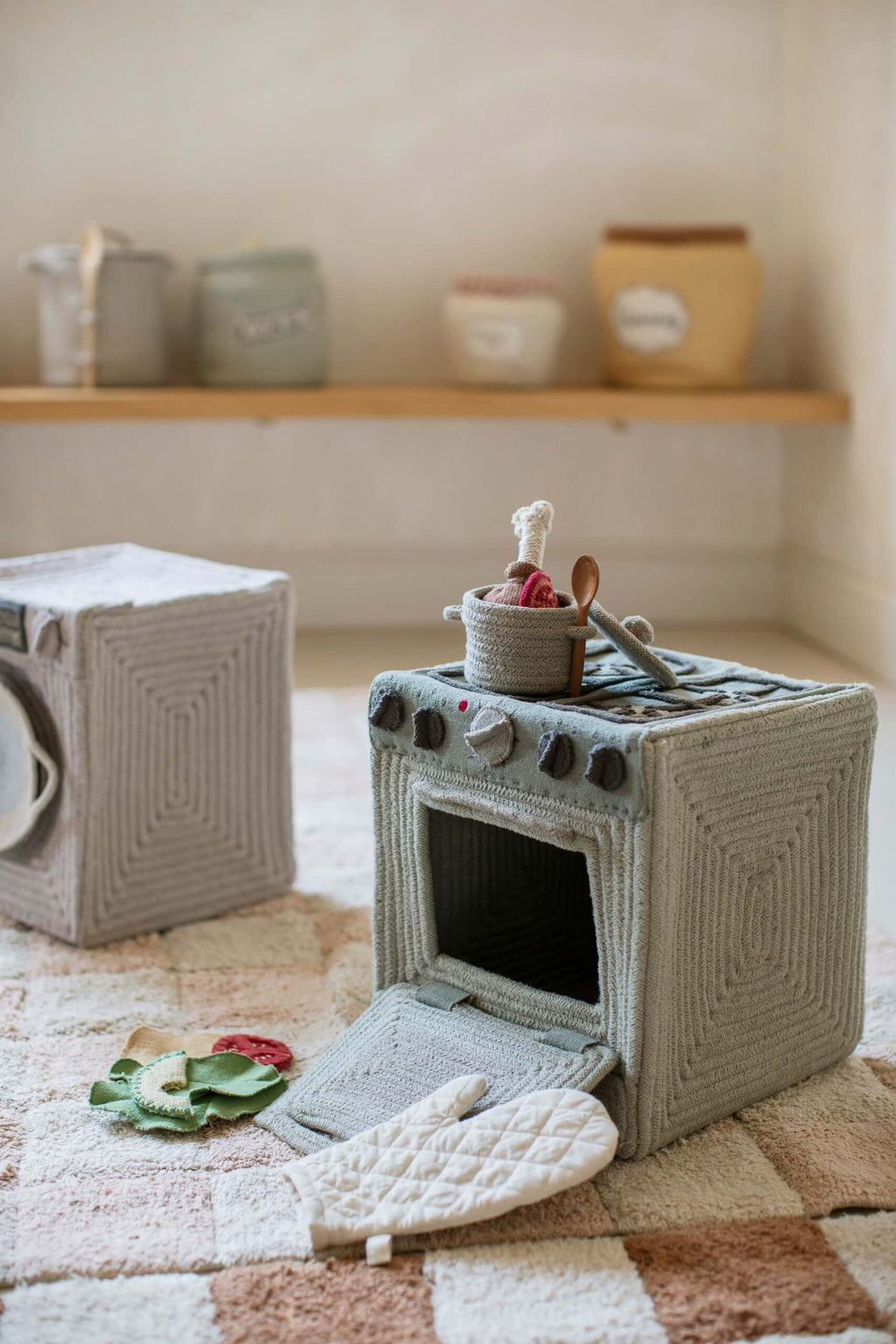 Handmade Montessori Textile Toy Stove & Storage Basket - Eco-Friendly and Imaginative Play Essential by Lorena Canals at www.brixbailey.com