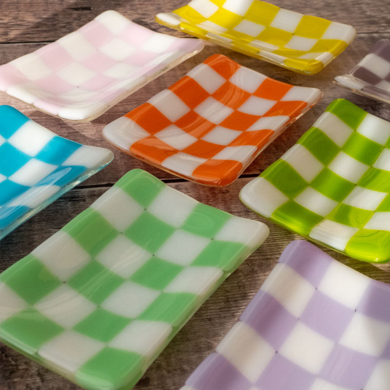 Handcrafted Chequered Glass Tray in White and Colour