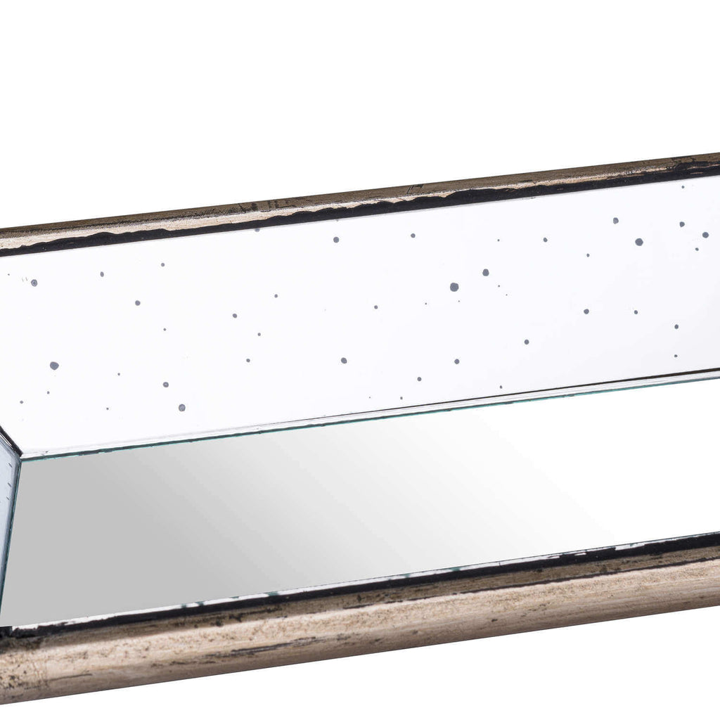 Handcrafted distressed mirror tray with solid wood frame, rich brown patina, perfect for home decor or serving. by Sostter at brixbailey.com