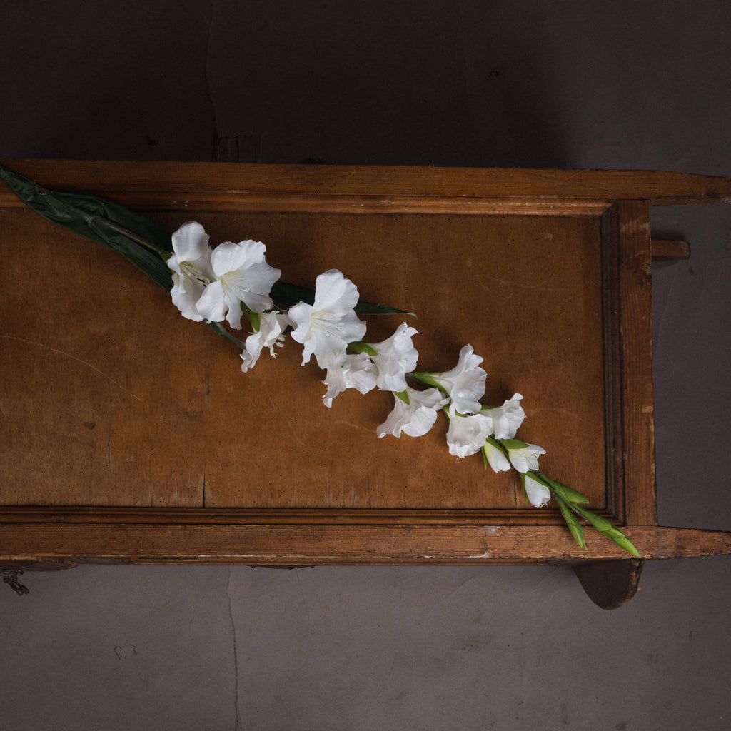 Lifelike white faux gladioli arrangement, 108cm tall with premium plastic florets for timeless home decor by RoomLondon at brixbailey.com
