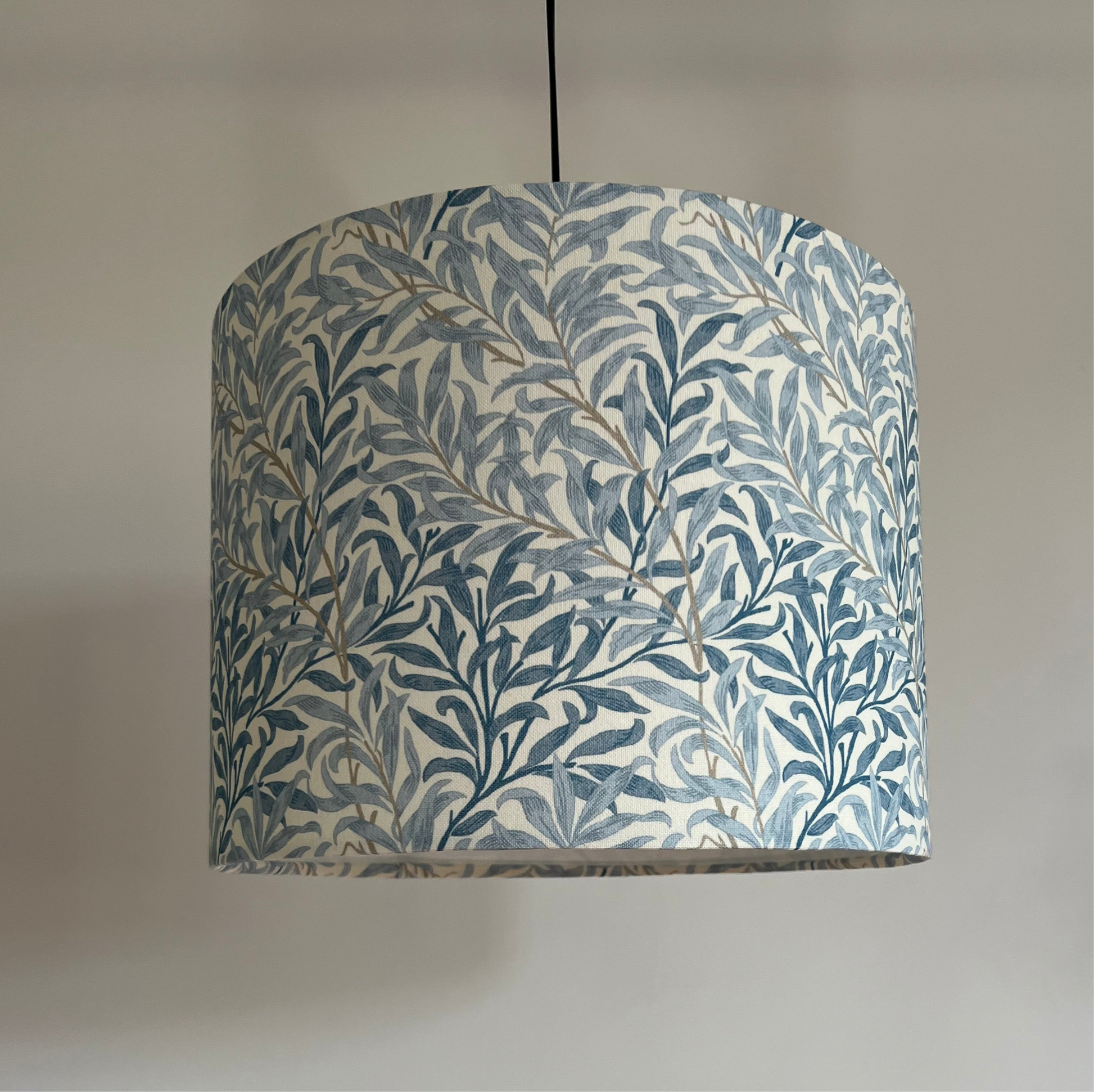 William Morris blue willow cotton drum lampshade/ ceiling shade with a white lining