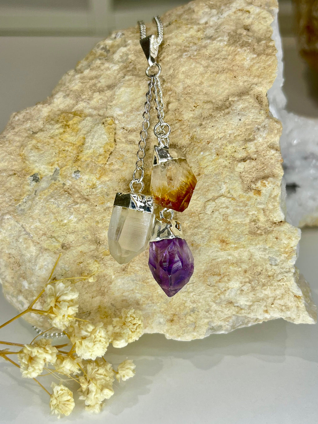 Triple Crystal Pendant Necklace with Amethyst Citrine and Quartz on Silver Chain