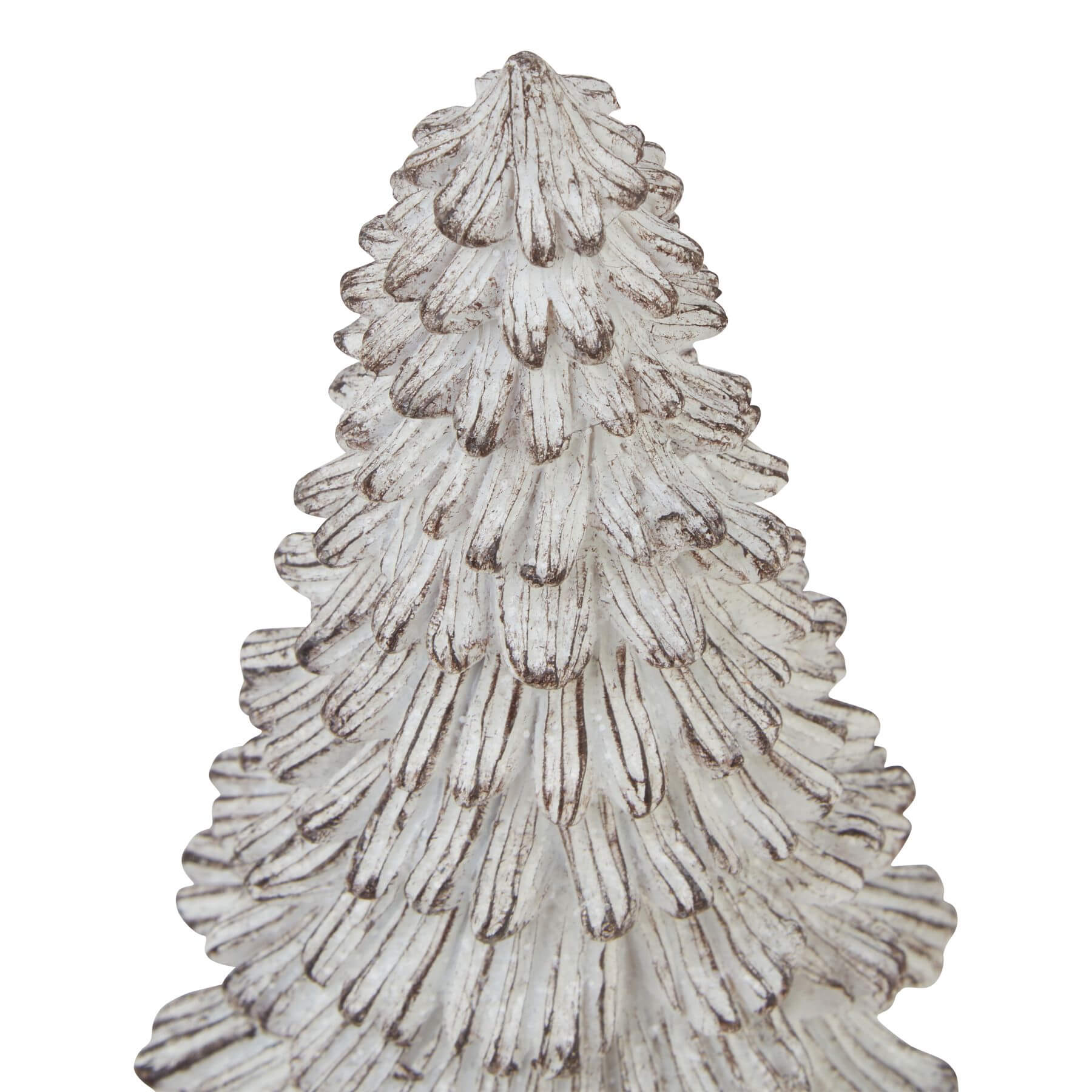 Handcrafted white resin winter fir tree sculpture with snow-dusted branches, Scandinavian minimalist decor by sostter at brixbailey.com