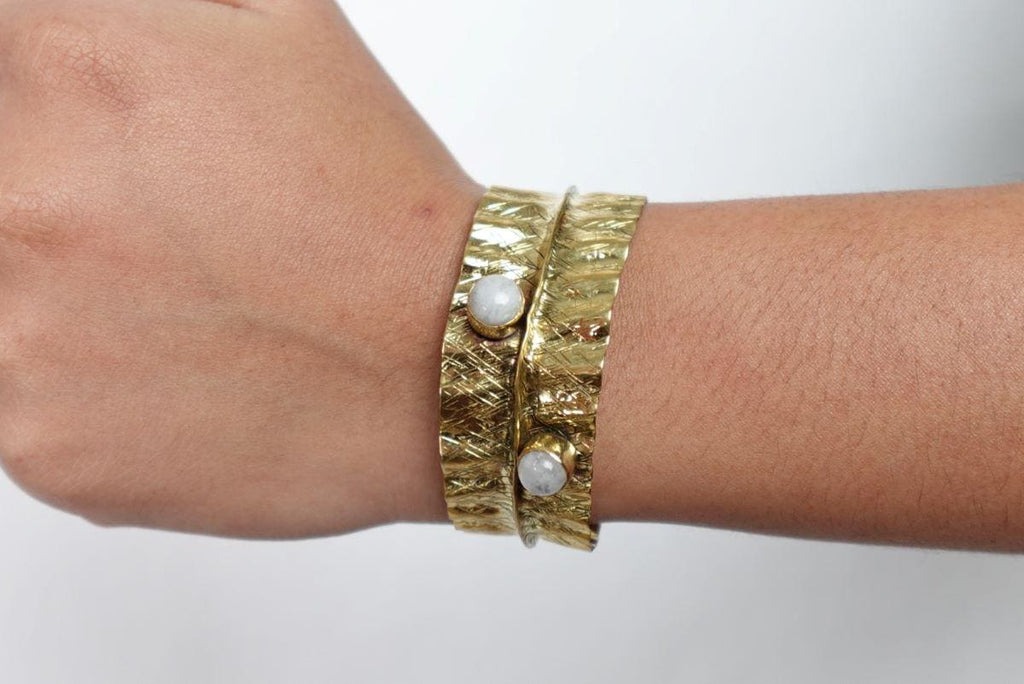 Textured Gold Cuff Bracelet with Gemstone Accents Adjustable Wrap