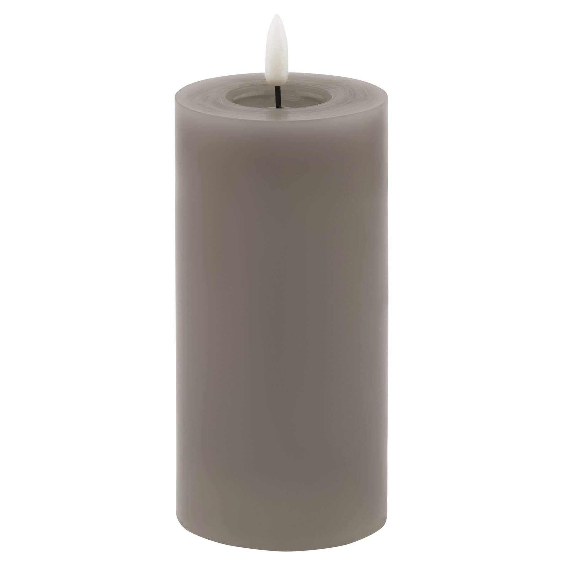 bold grey led wax candle with dramatic melt effect glowing confidently on a dark surface