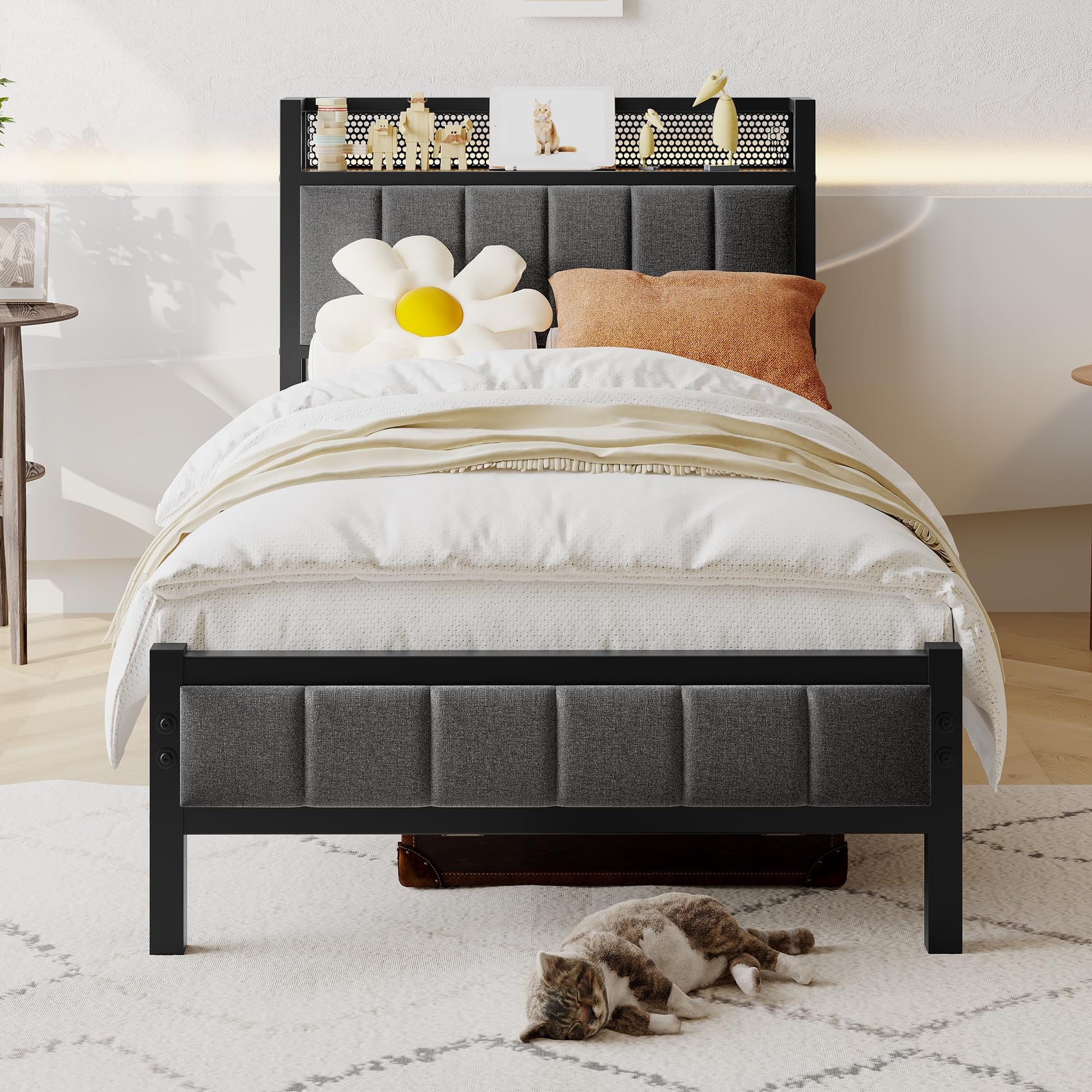 3ft Single Bed Frame with Storage Headboard and Steel Slats