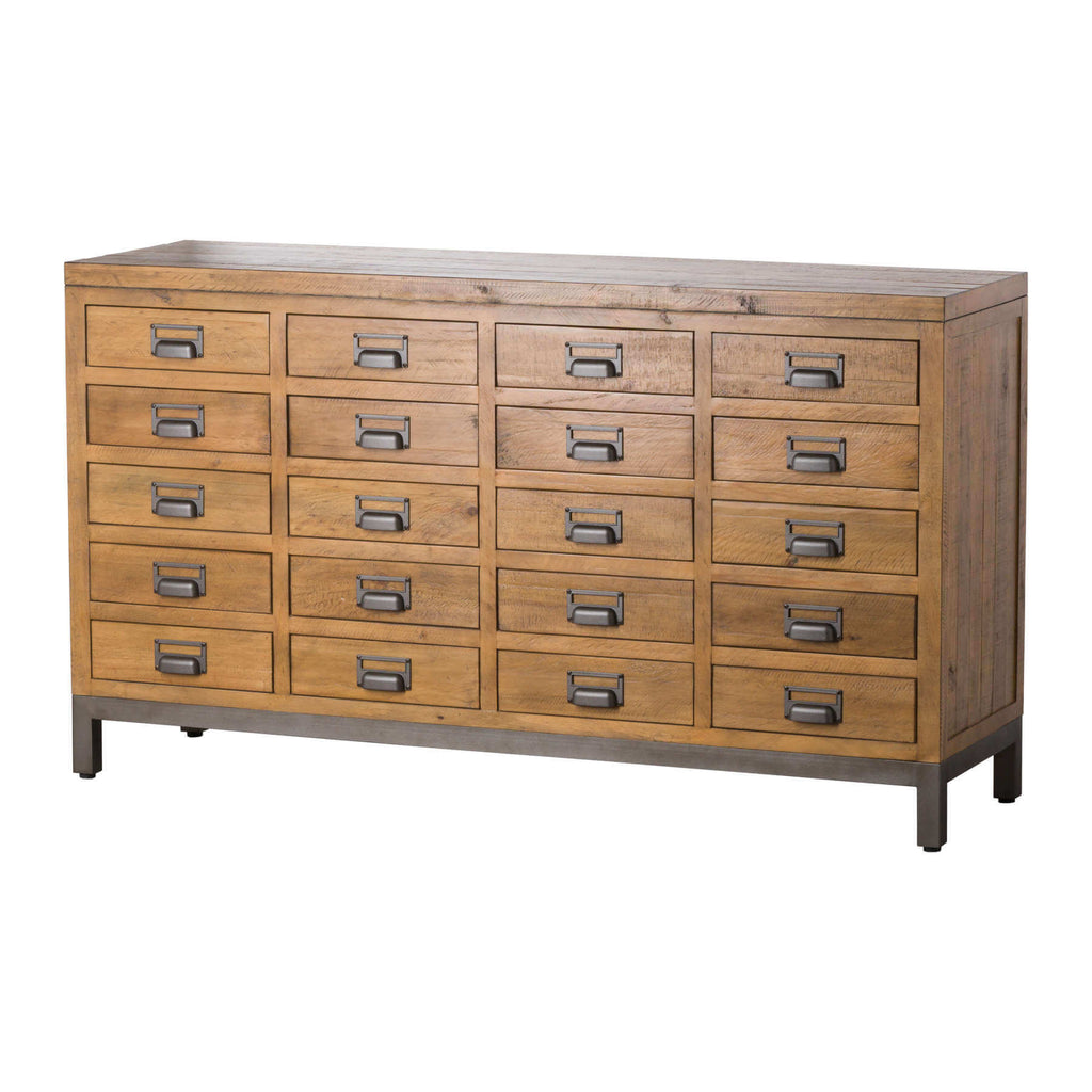 Industrial rustic merchant chest in solid pine with gunmetal accents, featuring 20 compartments and cast iron handles by Sostter at brixbailey.com