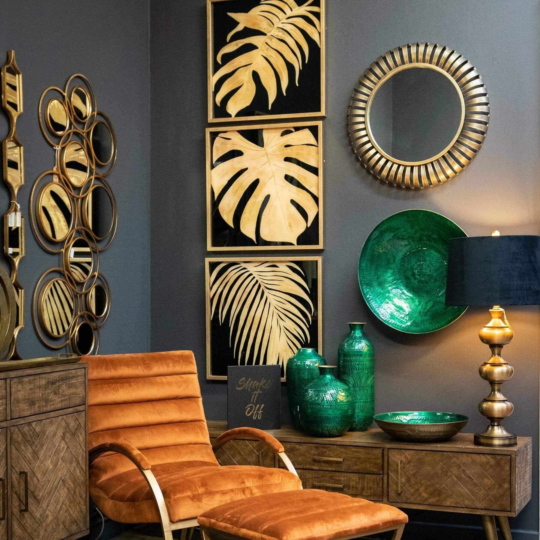 Square gold decorative hanging mirror with thin geometric frame, modern wall accent for contemporary interiors by RoomLondon at brixbailey.com
