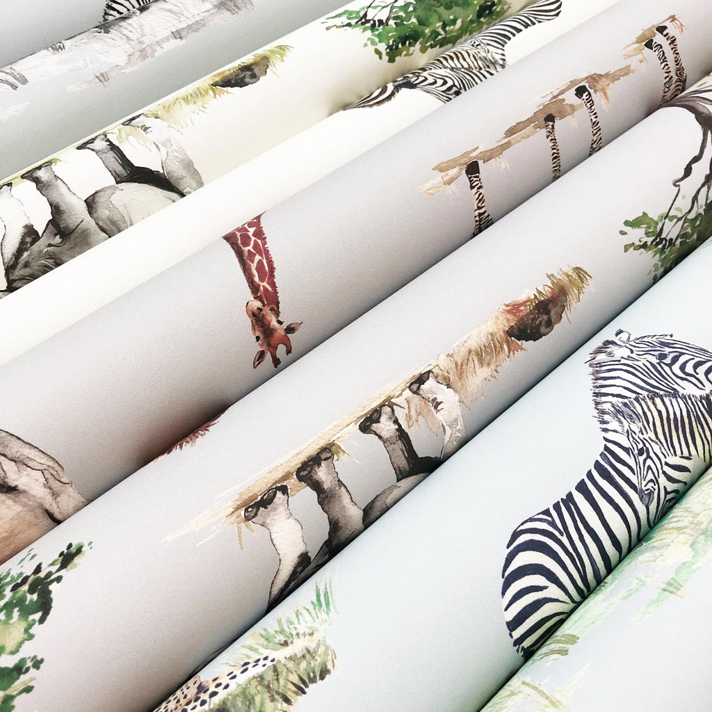 Safari Animals Hand Designed Children's Wallpaper in Blue, Cream and Grey
