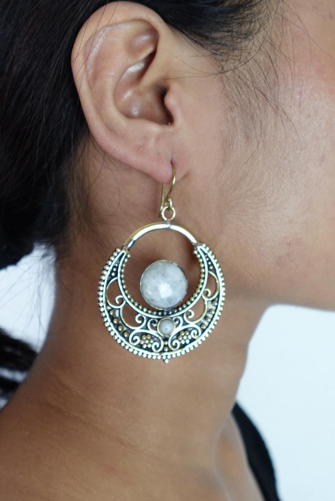 Crescent Filigree Hoop Earrings with Natural Stone