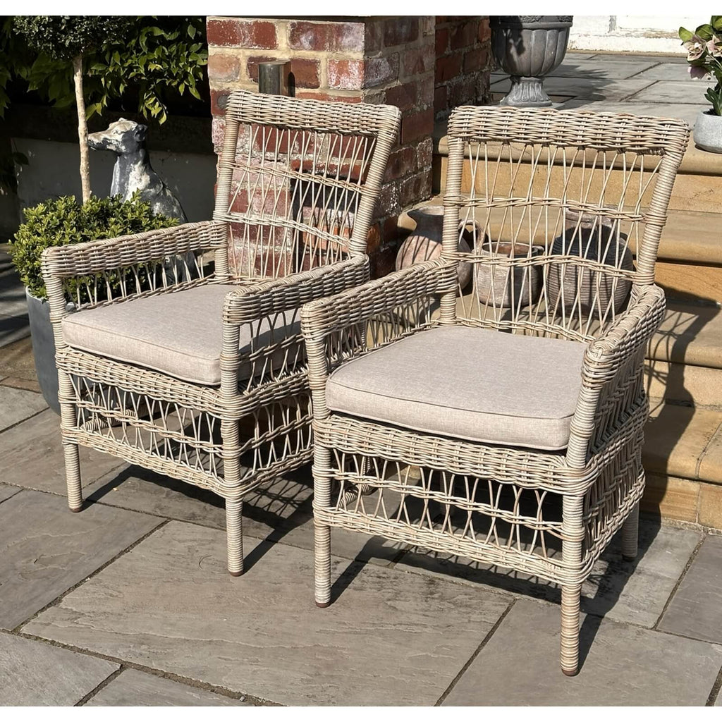 Provence Collection Dining Chair in beige, powder-coated aluminum frame with HDPE wicker and Olefin cushions for outdoor use by sostter at brixbailey.com