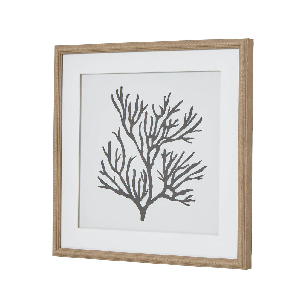 Black coral silhouette artwork on white, framed in natural wood with beaded detailing, 40cm coastal wall decor by sostter at brixbailey.com