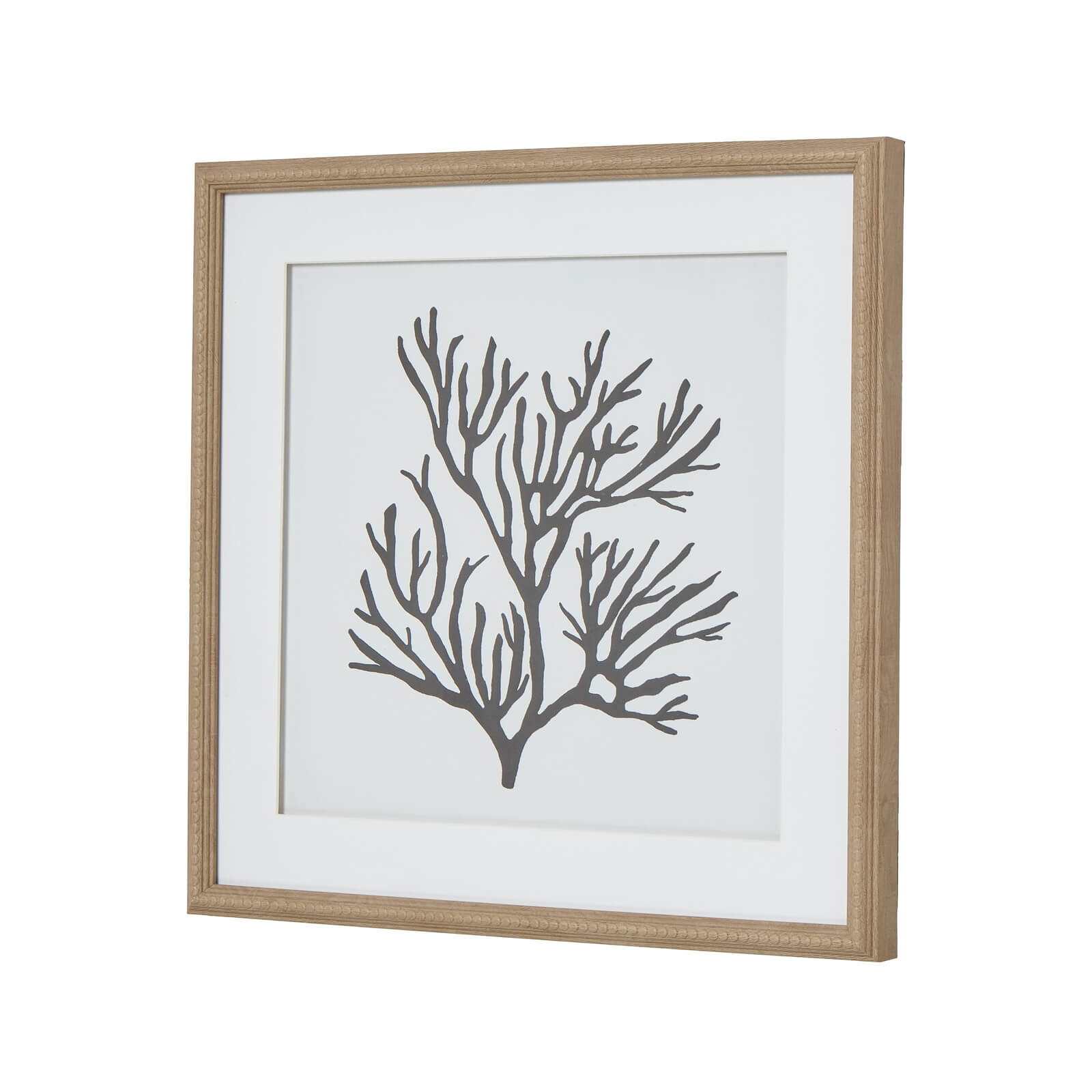Black coral silhouette artwork on white, framed in natural wood with beaded detailing, 40cm coastal wall decor by sostter at brixbailey.com