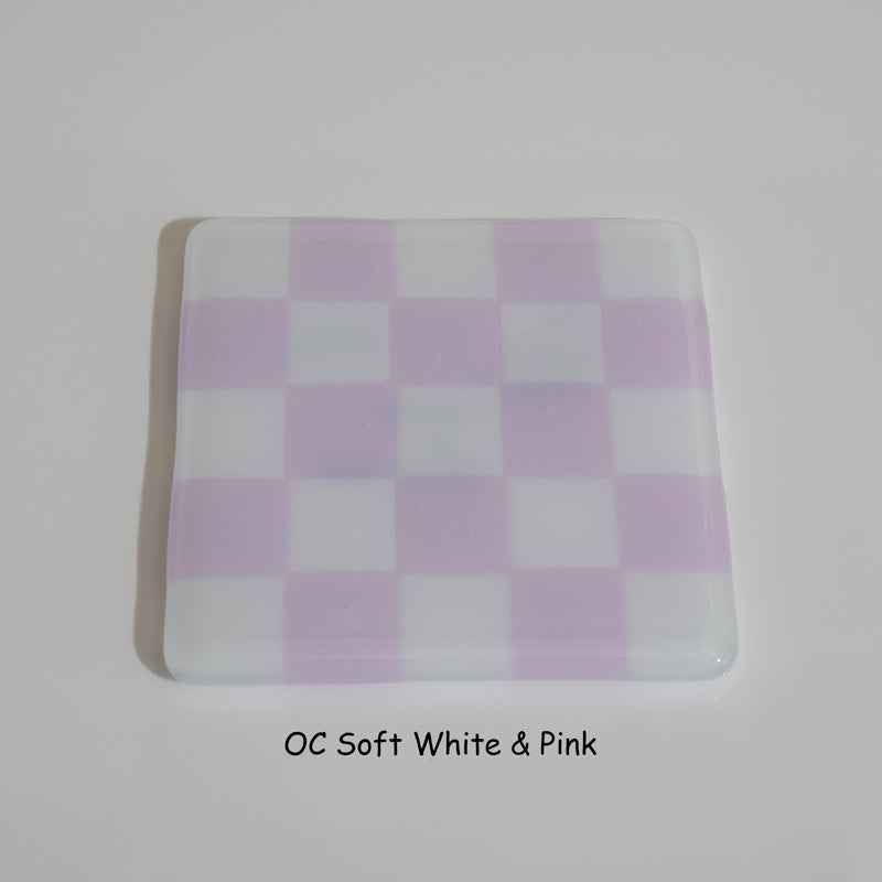 10cm Chequered Soft White Fused Glass Coaster