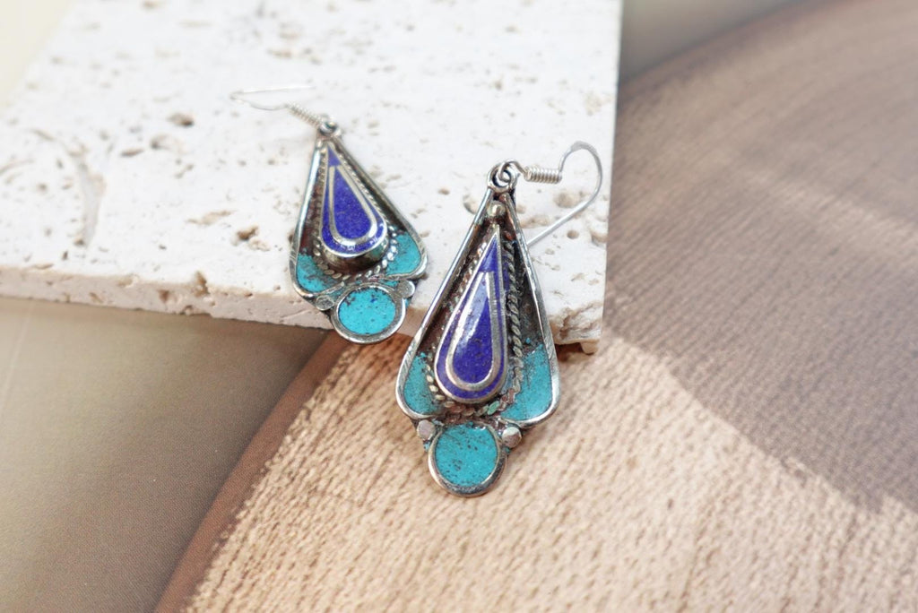 Vintage Tibetan Silver Earrings with Turquoise and Coral