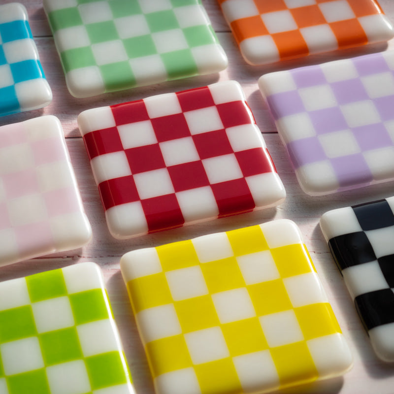10cm Chequered White and Colour Fused Glass Coaster