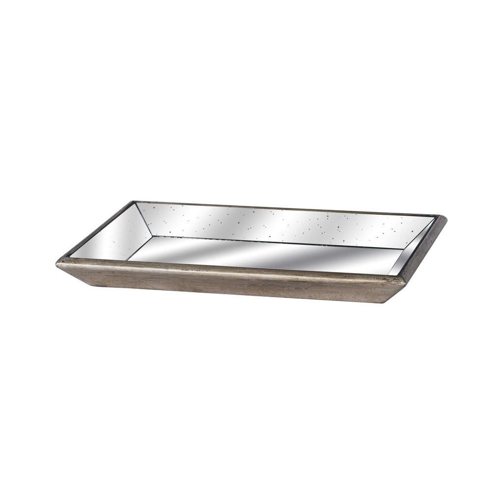 Gold vintage mirrored tray with distressed glass and wooden accents, perfect for home decor or vanity organization by Sostter at brixbailey.com