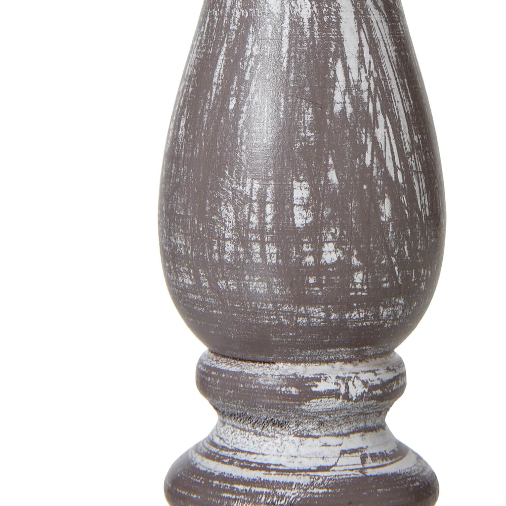 Rustic table lamp with weathered gray-washed wood base and natural linen shade for farmhouse or industrial decor.by Sostter at brixbailey.com