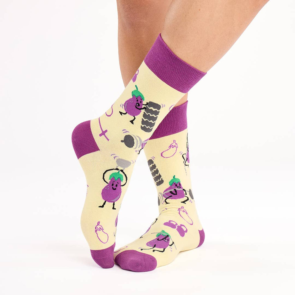 Socks with vegetable patterns on a white background