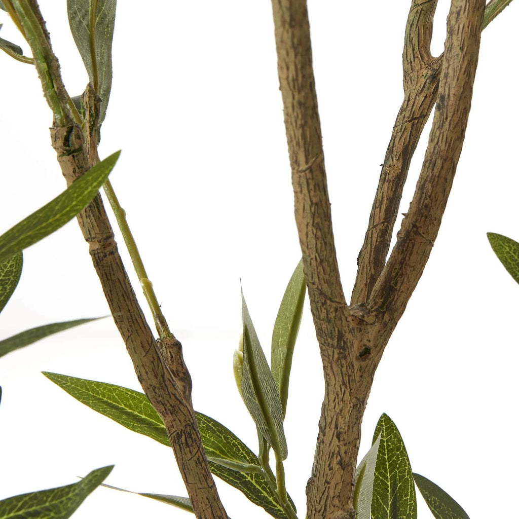 210cm artificial Apulia olive tree in white pot with realistic silvery-green leaves and textured brown trunk by Sostter at brixbailey.com