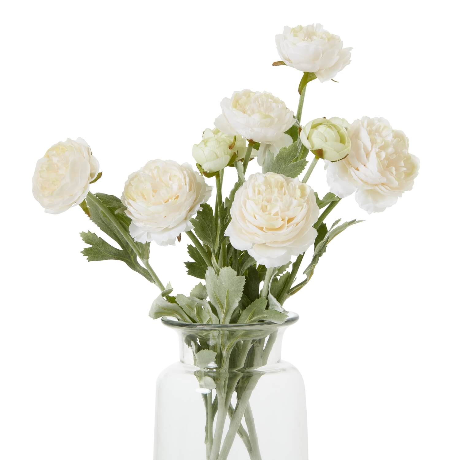 Apricot ranunculus faux flower with layered petals and green foliage, lifelike plastic stem for home decor. by Sostter at brixbailey.com