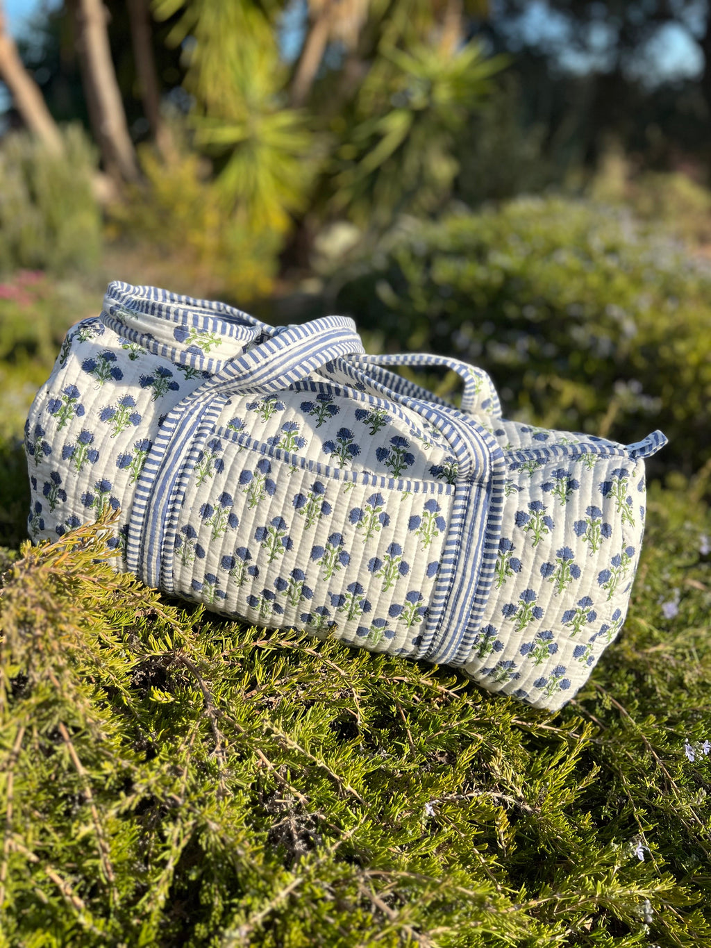 Blue Flower Weekend Bag in Hand Blocked Cotton