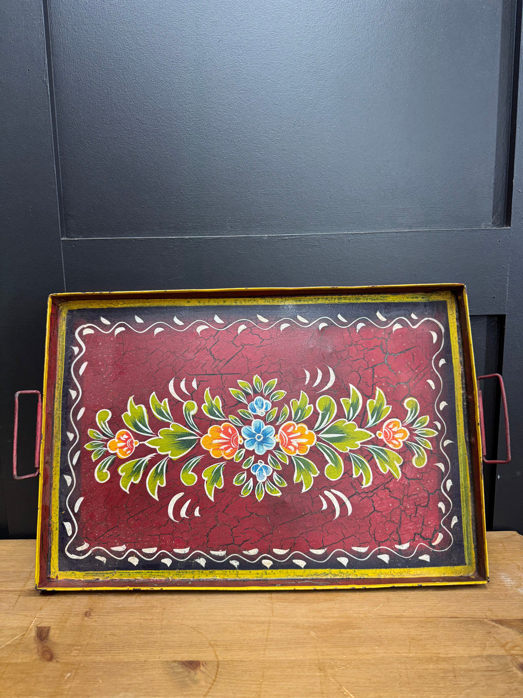 Red Metal Serving Tray / Painted Indian Charcuterie Cheese Antipasto Platter
