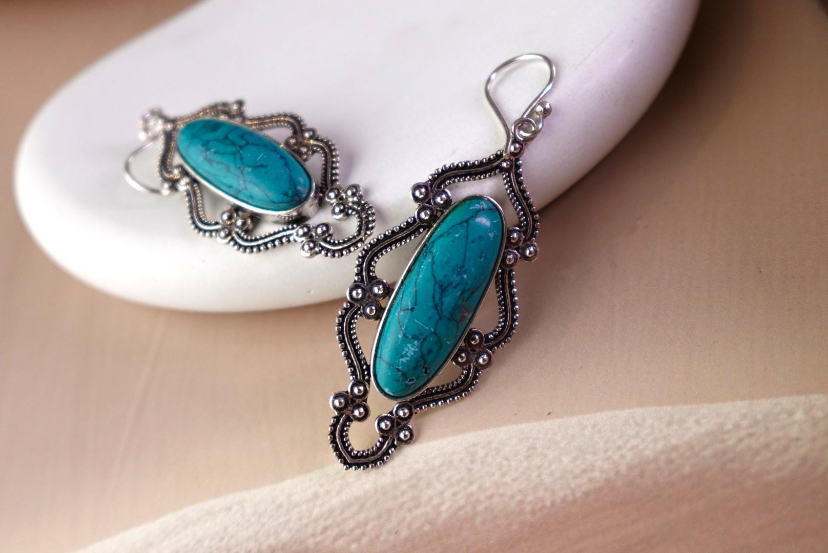 Vintage Silver Drop Earrings with Turquoise and Labradorite