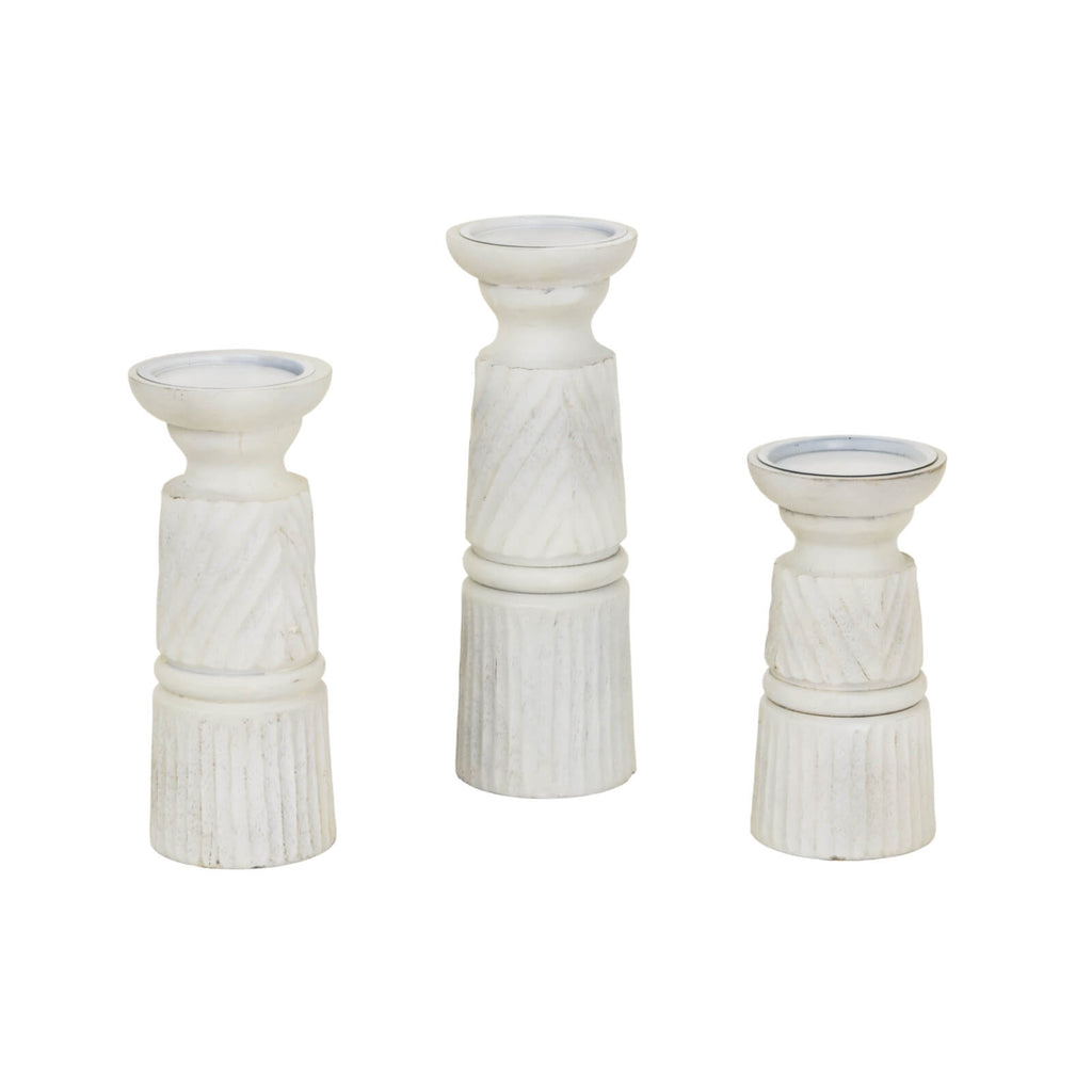 Hand-carved white wooden candle holder with intricate patterns, 30cm tall, elegant home decor statement piece by RoomLondon at brixbailey.com