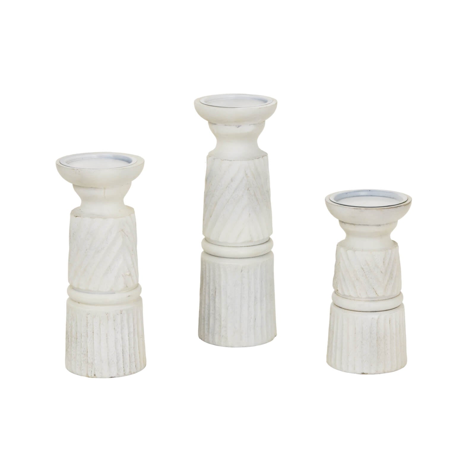 Hand-carved white wooden candle holder with geometric patterns, perfect for elegant home decor centerpiece. by RoomLondon at brixbailey.com
