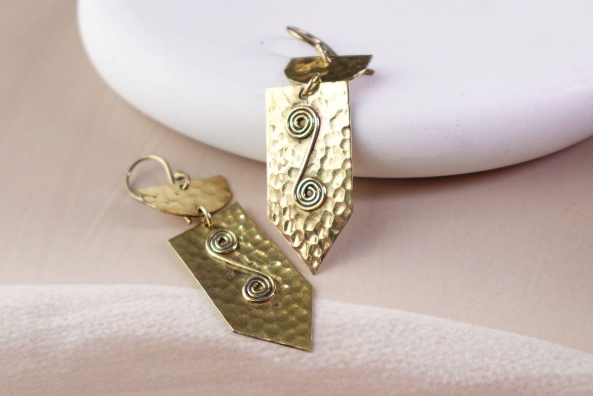 Hammered Shield Drop Earrings in Rustic Brass with Spiral Wire