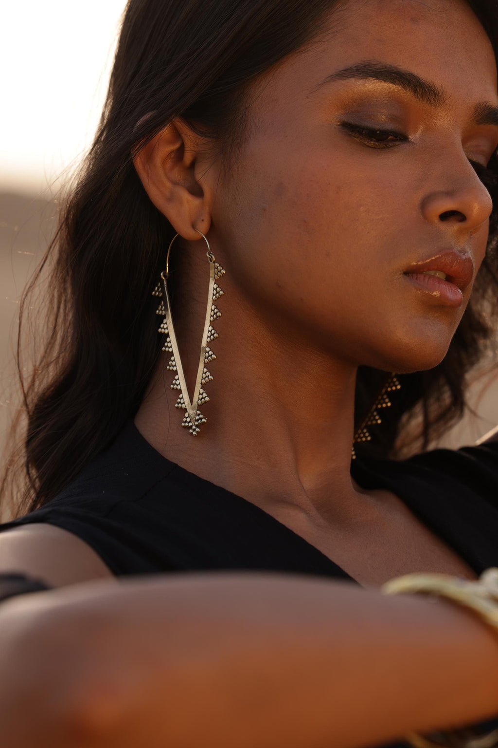 Spike Hoops Edgy Brass Triangle Earrings with Boho Desert Vibes