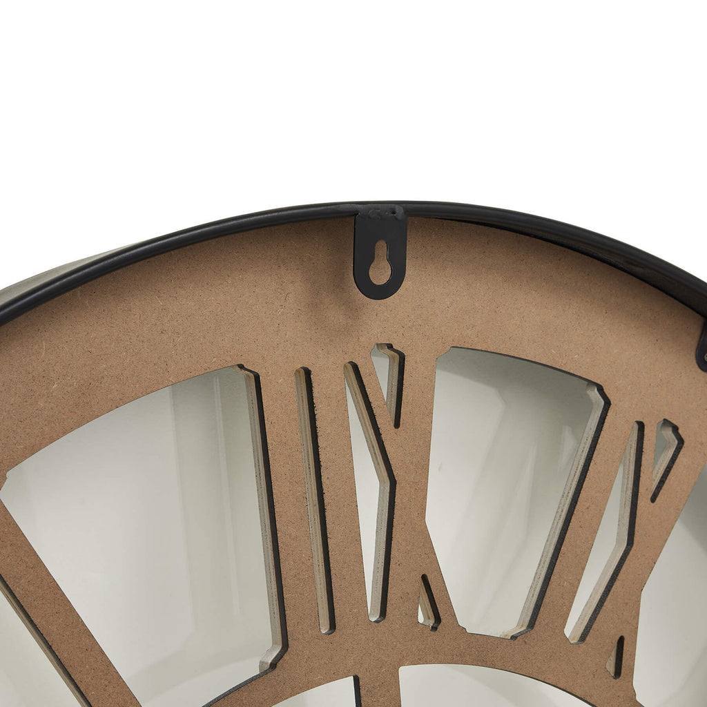 Black-framed skeleton wall clock with white Roman numerals, 80cm diameter, modern open-frame design by Sostter at brixbailey.com