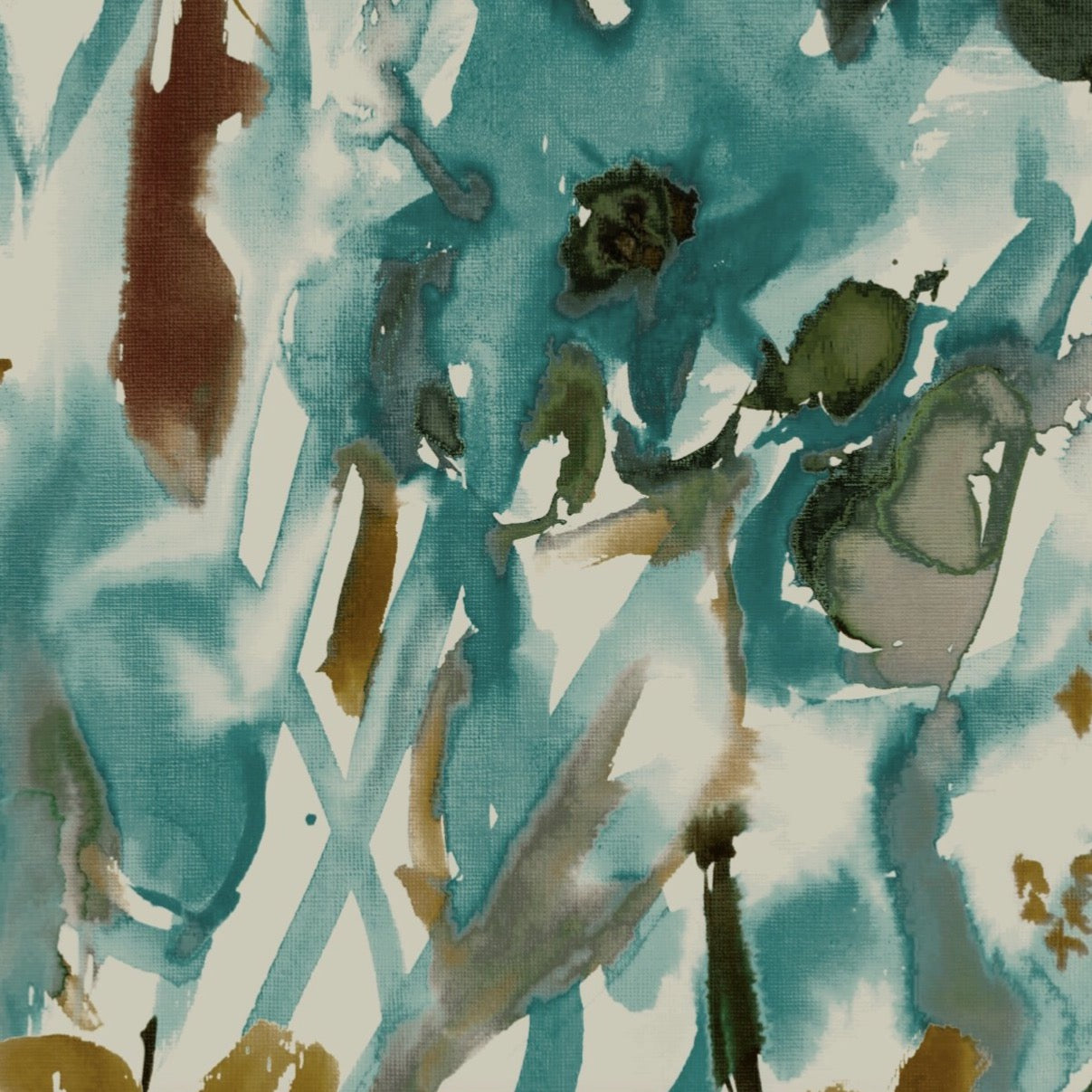 Watercolour Floral Wallpaper in Teal and Ochre