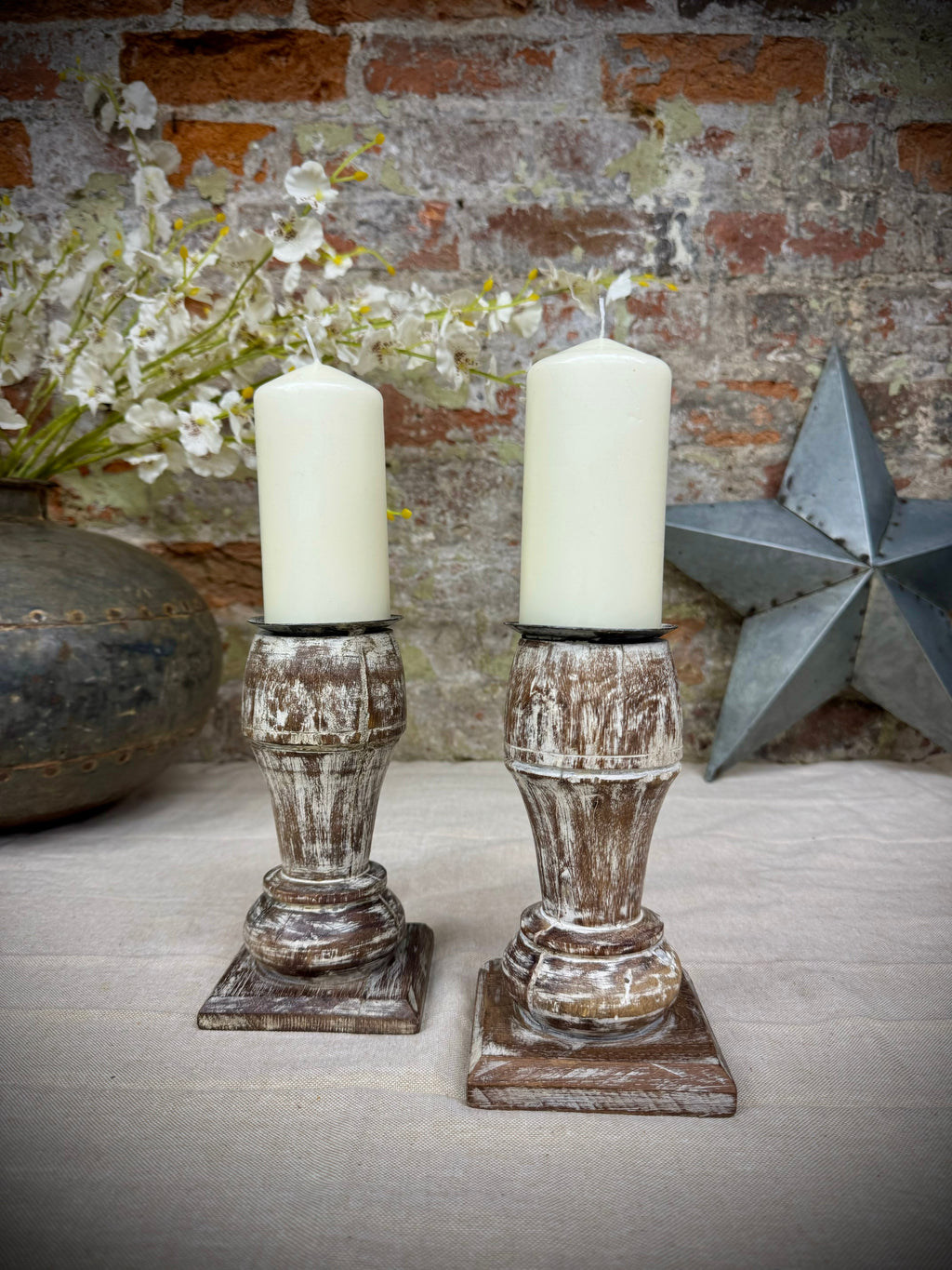 Pair of Rustic Wooden Candle Holders Large
