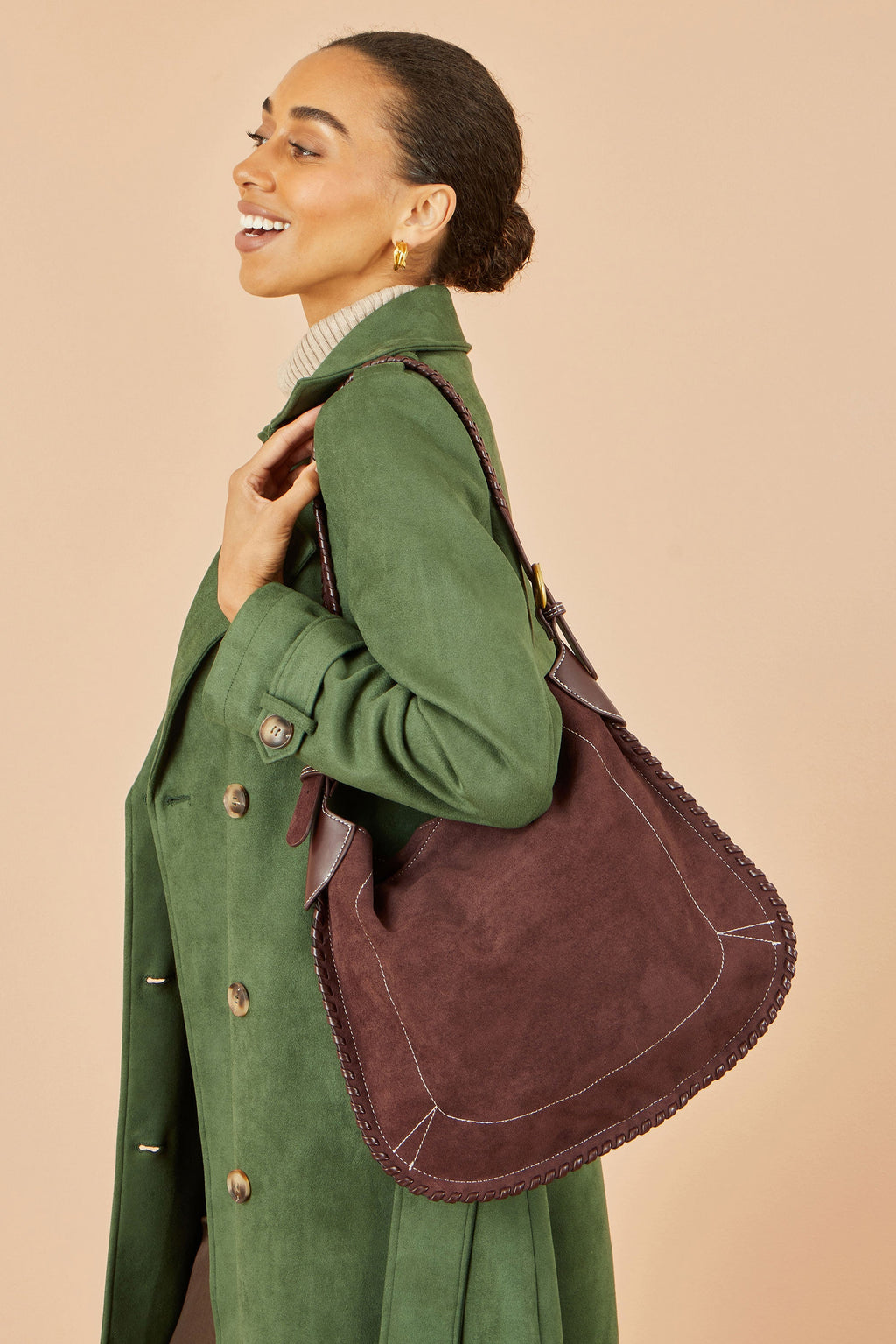 Brown Faux Suede Bag with Stitching Detail