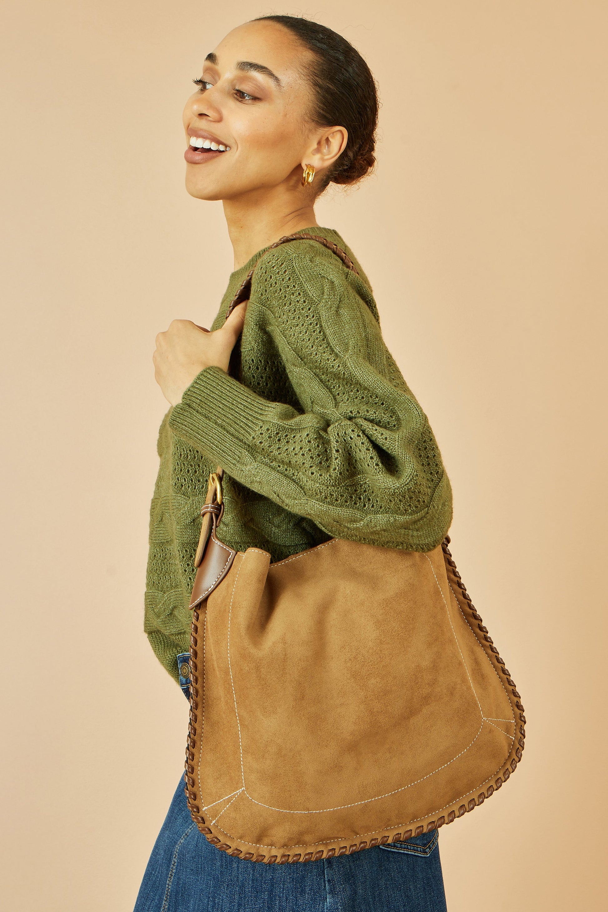 Tan Faux Suede Bag with Stitching Detail