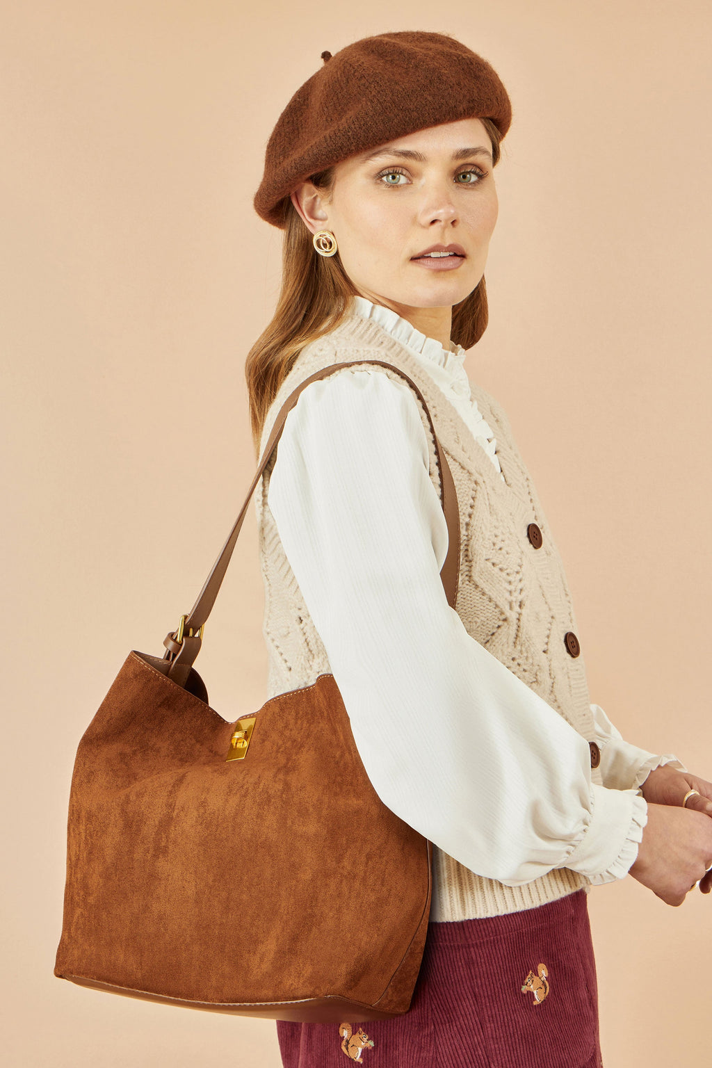 Tan Faux Suede Bag with Inside Pouch