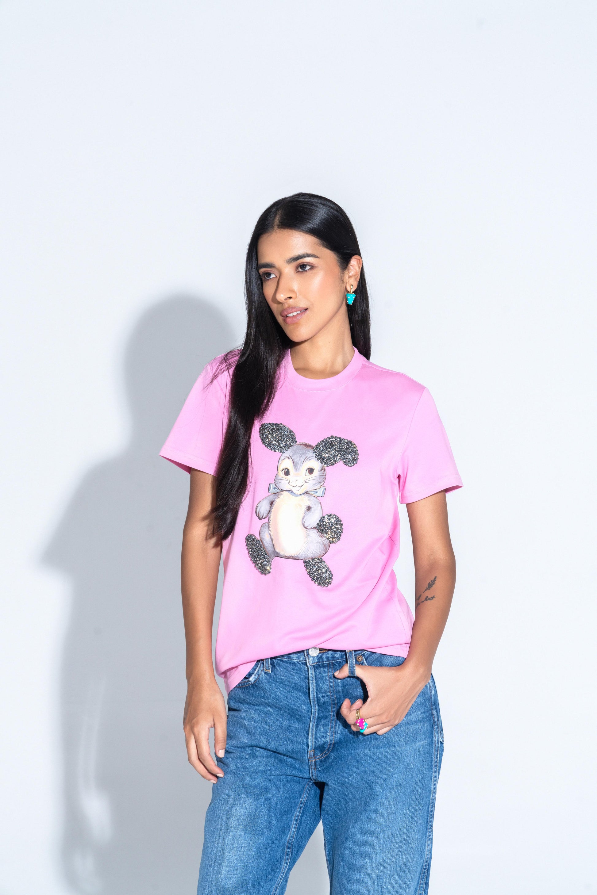 Bunny Graphic Embroidered Cotton T-Shirt Gray Large