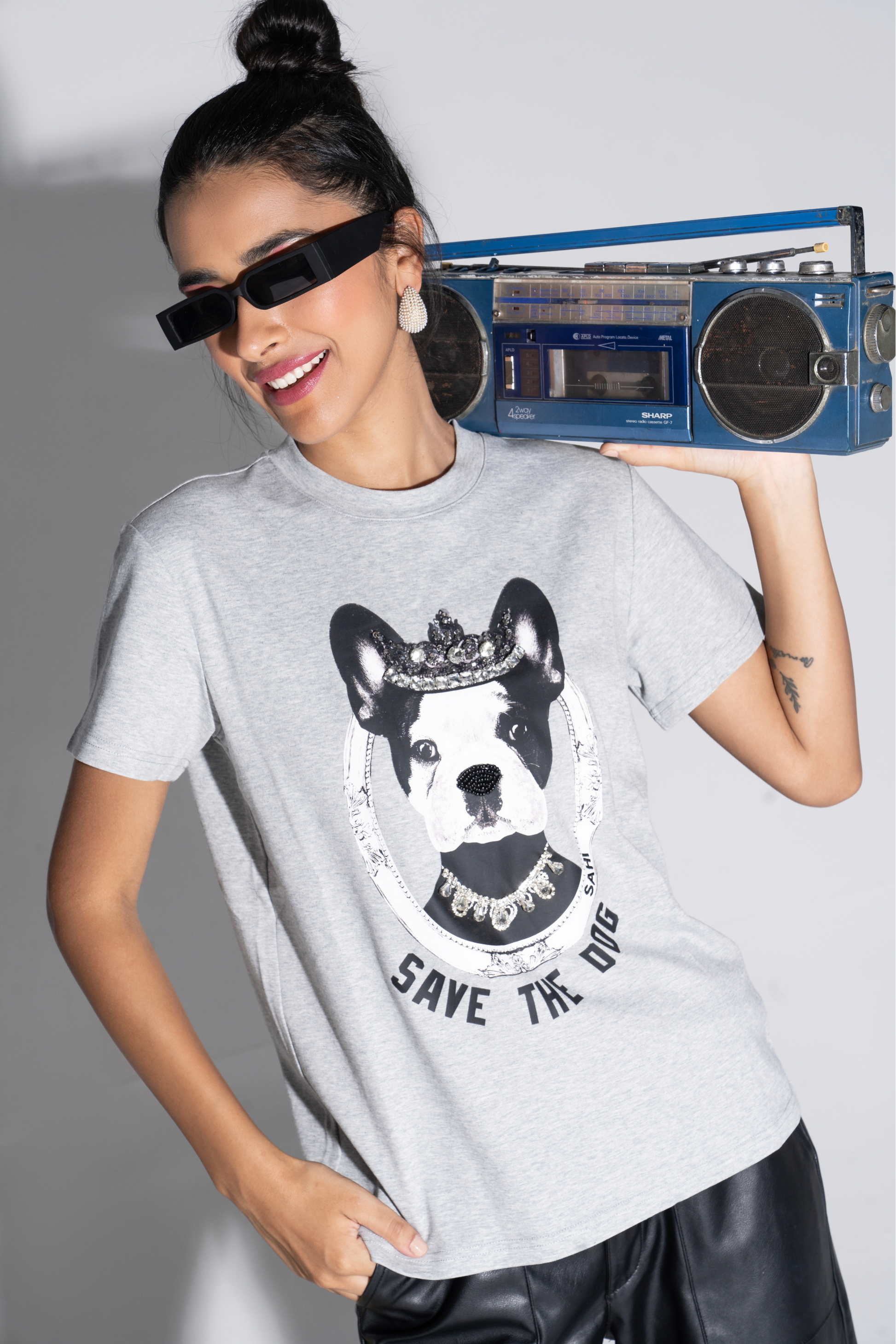 Save The Dog Graphic Embroidered Cotton T-Shirt