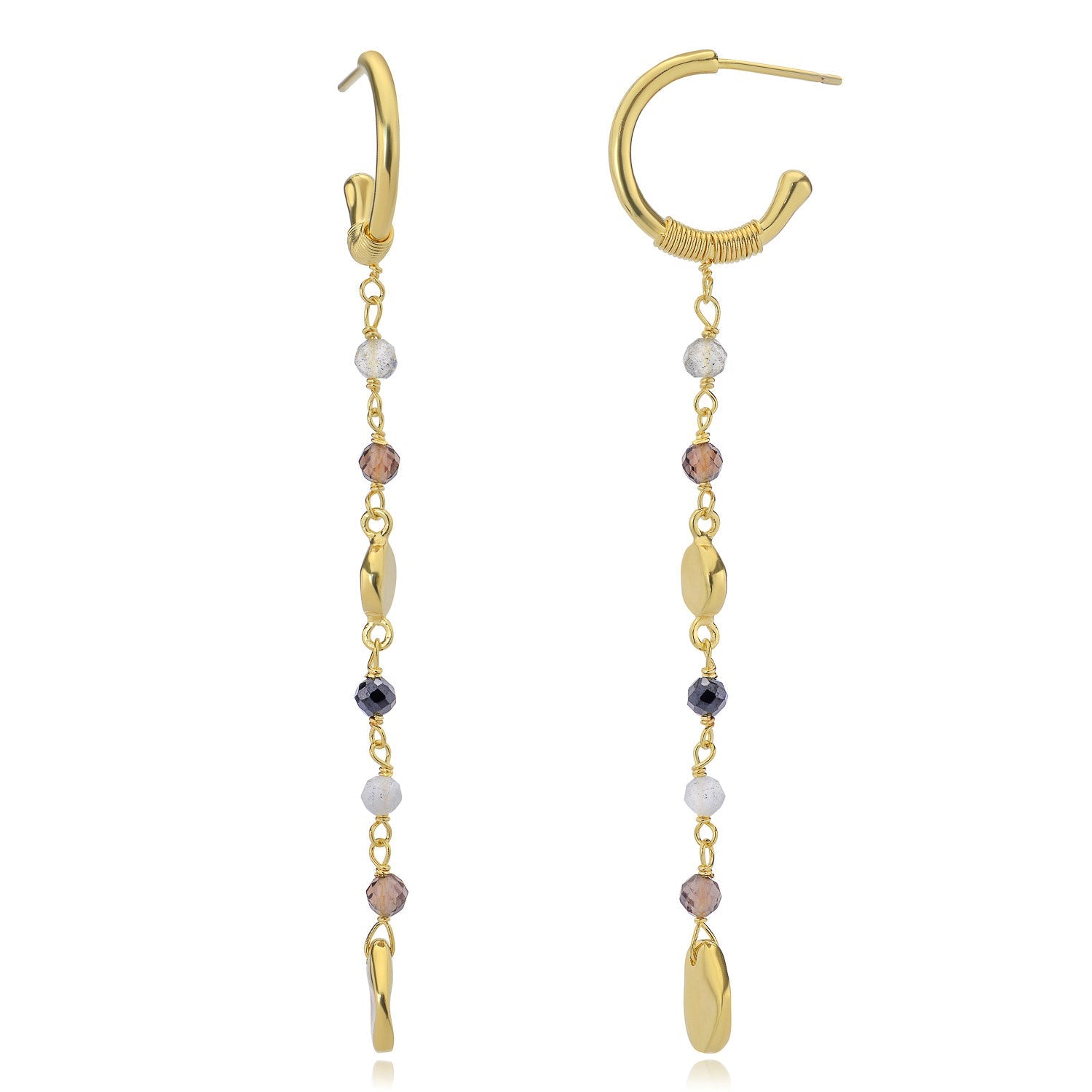 Sofia Small Hoop Nugget Earrings in Labradorite, Black Onyx and Smoky Quartz