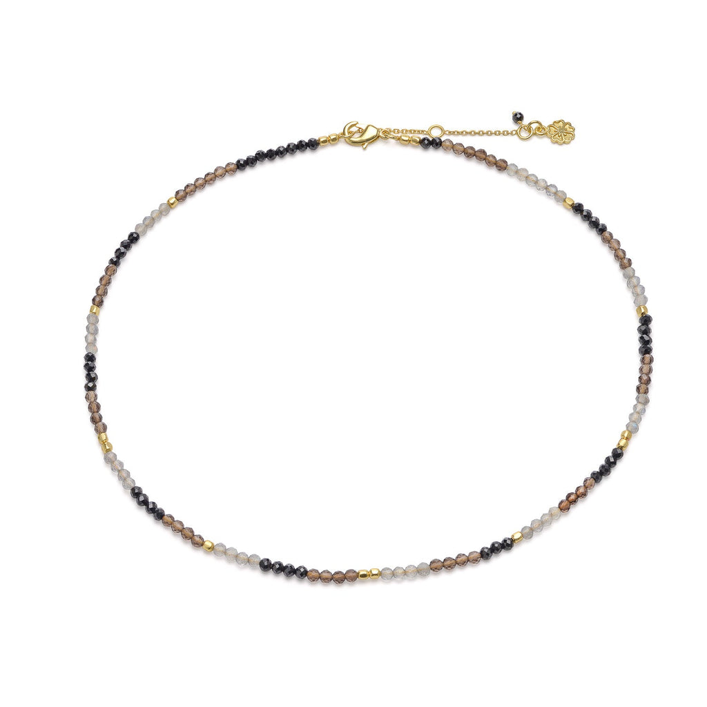 Mixed Gemstone Beaded Necklace with Black Onyx, Smoky Quartz and Labradorite