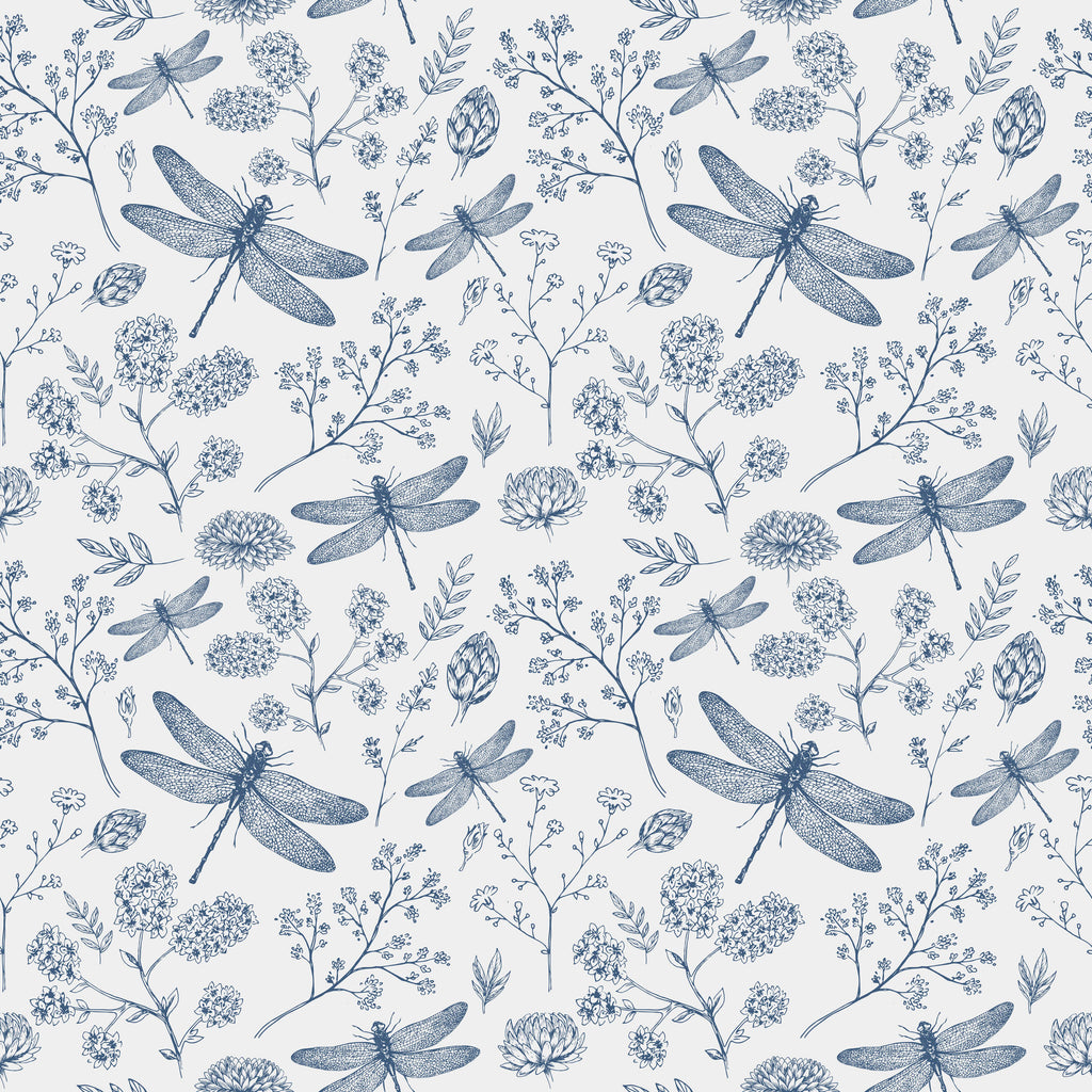 Monochrome Dragonfly Wallpaper with Wildflowers