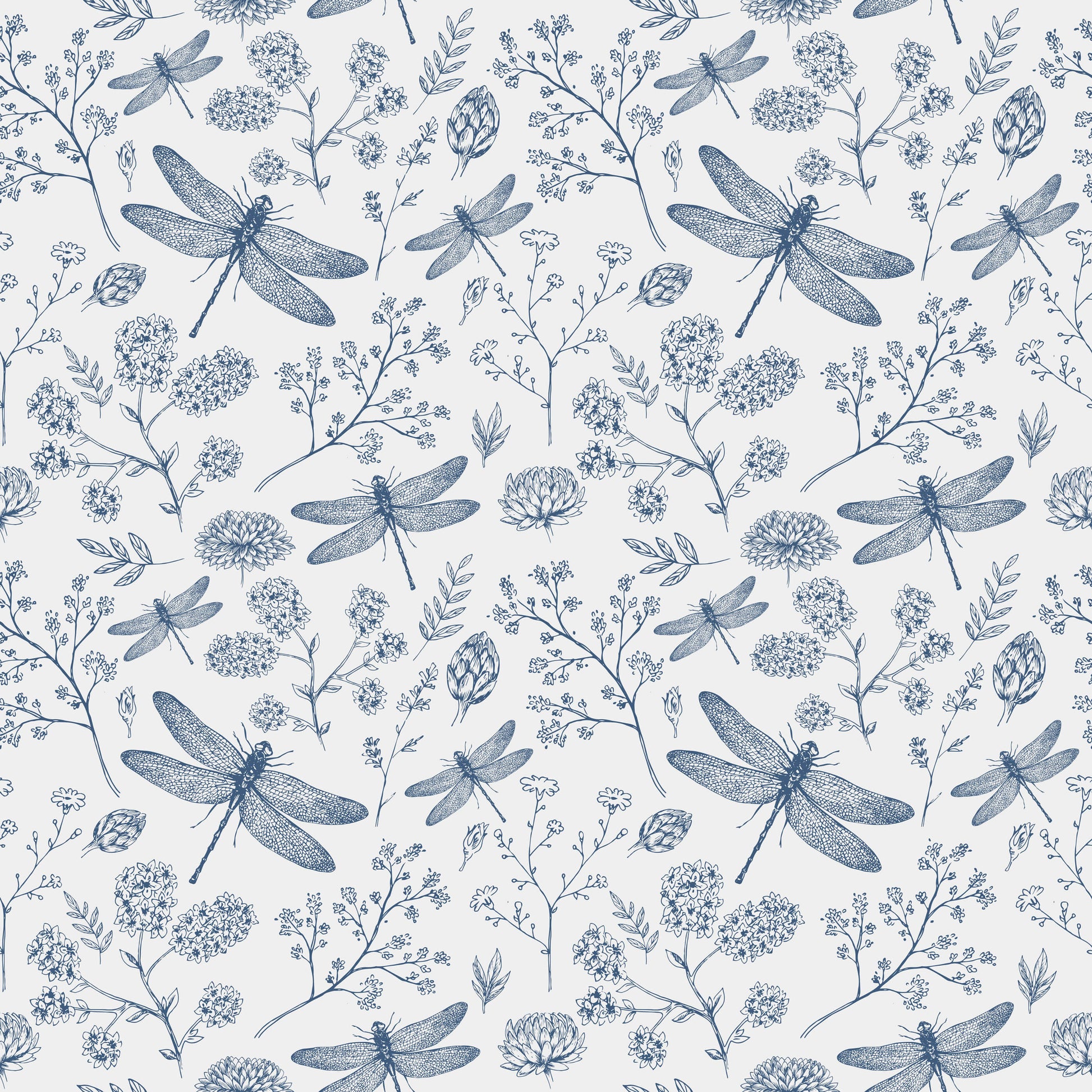 Monochrome Dragonfly Wallpaper with Wildflowers