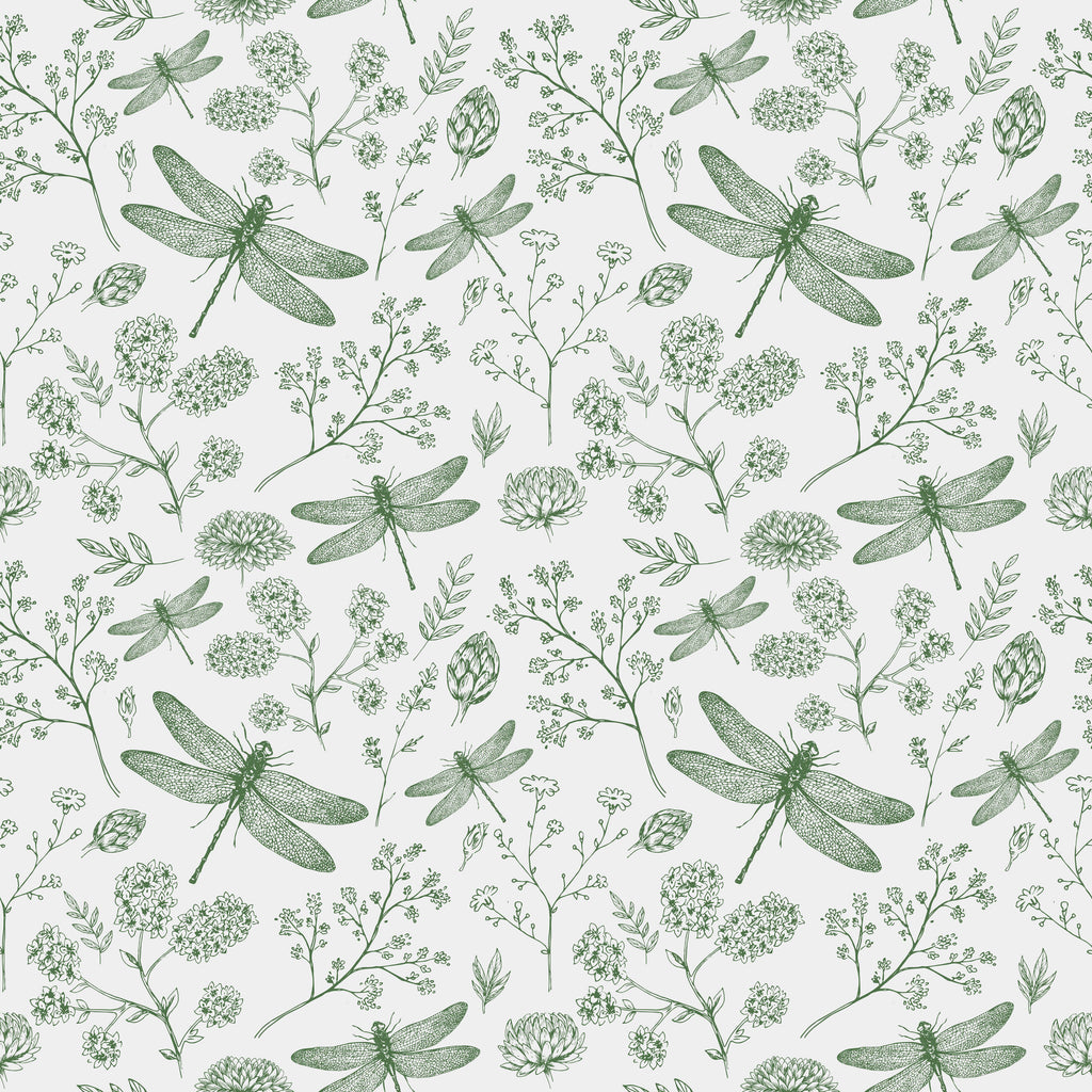 Monochrome Dragonfly Wallpaper with Wildflowers