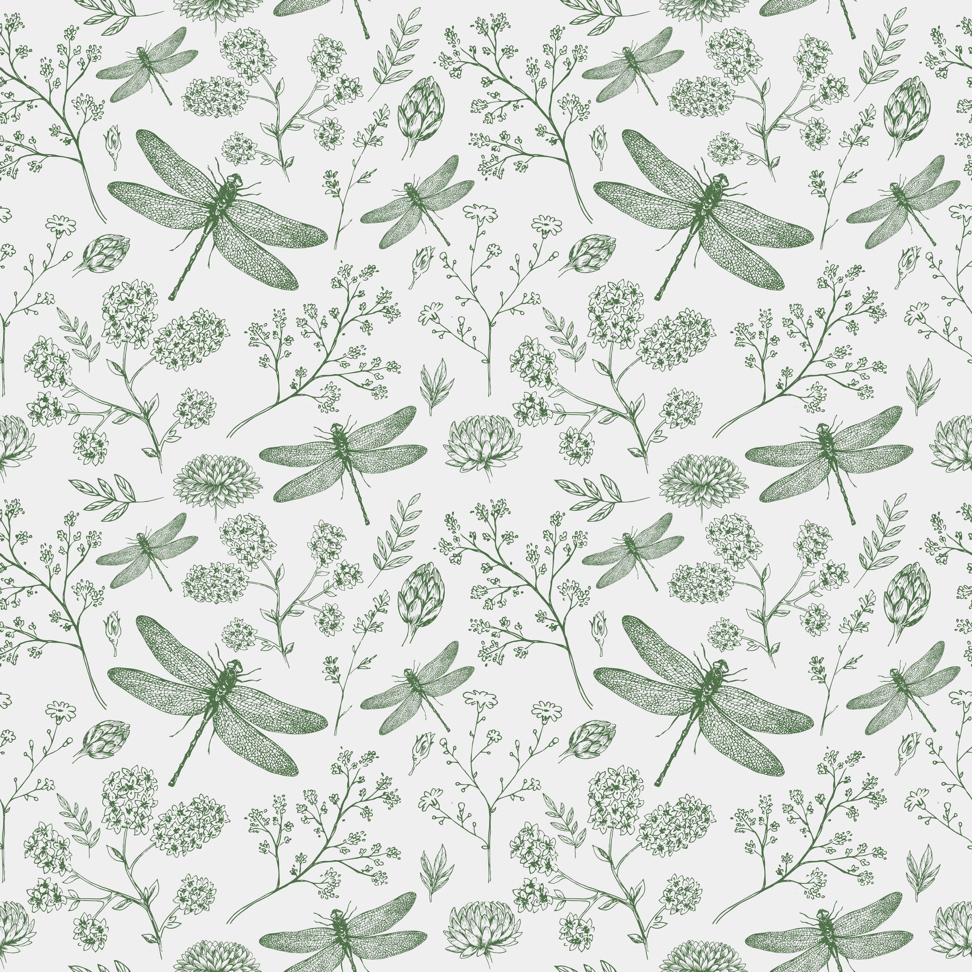 Monochrome Dragonfly Wallpaper with Wildflowers
