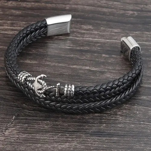 Multi Layer Leather Bracelet with Anchor and Hook Detail