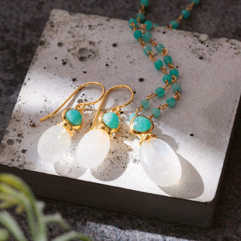 Persephone Double Gemstone Beaded Chain Necklace in Moonstone and Amazonite