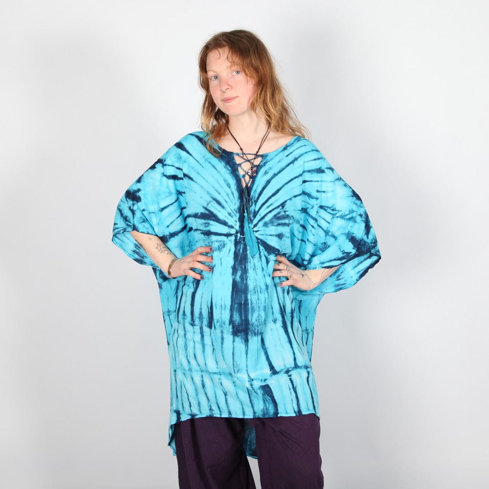 Tie Dye Kurta Long Top with Lace Up Neck