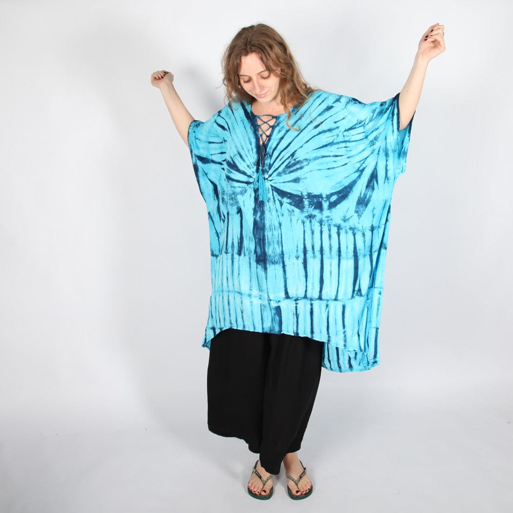 Tie Dye Kurta Long Top with Lace Up Neck